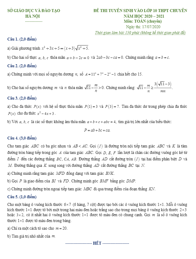 Đề thi vào chuyên môn Toán năm 2020 2021 sở GD ĐT Hà Nội (chuyên)
