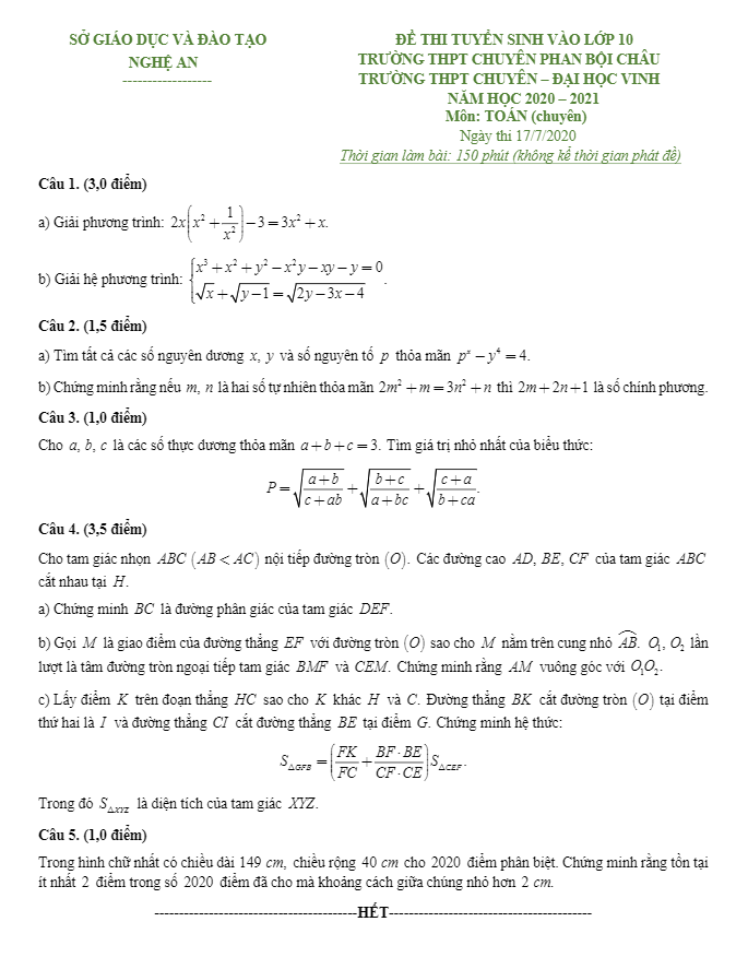Đề thi vào chuyên môn Toán năm 2020 2021 sở GD ĐT Nghệ An (chuyên)