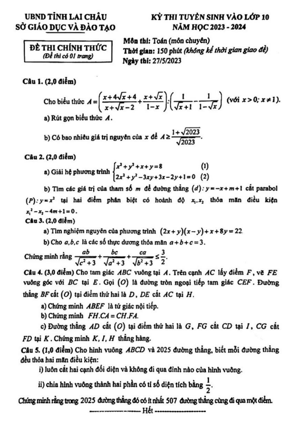 Đề thi vào môn Toán (chuyên) năm 2023 2024 sở GD ĐT Lai Châu