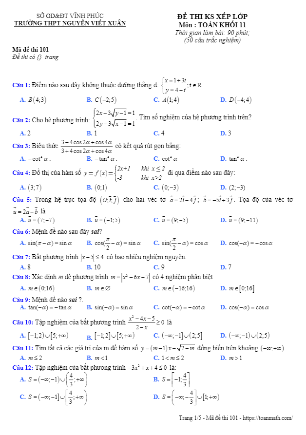 Đề thi xếp lớp Toán 11 năm 2019 – 2020 trường Nguyễn Viết Xuân – Vĩnh Phúc