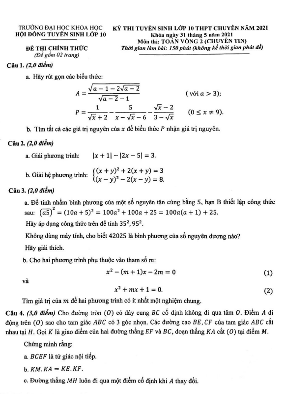 Đề Toán thi vào 10 chuyên năm 2021 trường ĐHKH Huế (vòng 2 chuyên Tin)