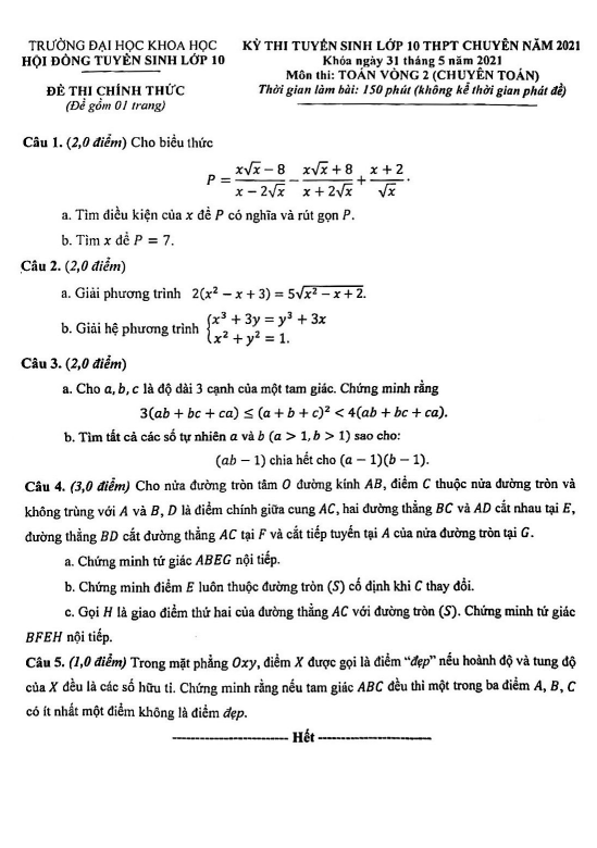 Đề Toán thi vào 10 chuyên năm 2021 trường ĐHKH Huế (vòng 2 chuyên Toán)