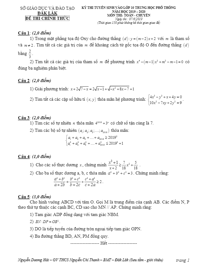 Đề Toán tuyển sinh chuyên năm 2019 2020 sở GD ĐT Đắk Lắk