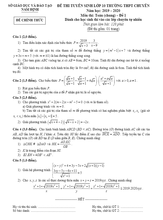 Đề Toán tuyển sinh chuyên năm 2019 2020 sở GD ĐT Nam Định (Đề chung)