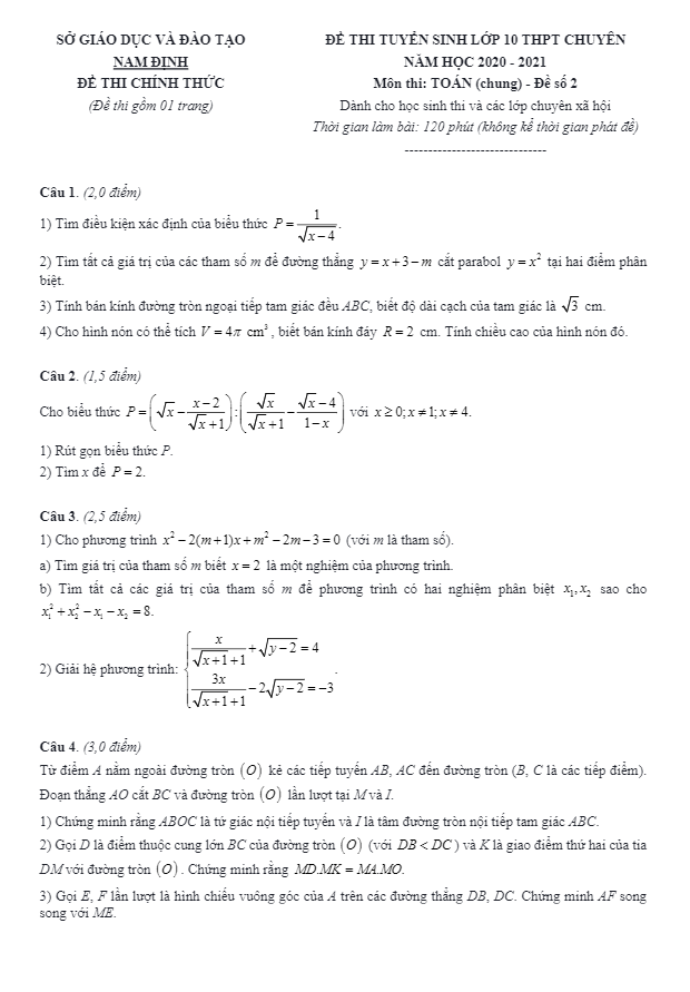 Đề Toán tuyển sinh chuyên năm 2020 – 2021 sở GD ĐT Nam Định (Đề 2)