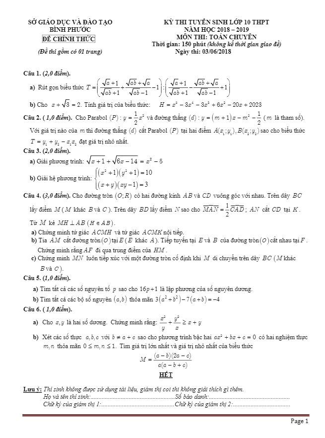 Đề Toán tuyển sinh năm 2018 2019 sở GD và ĐT Bình Phước (đề chuyên)