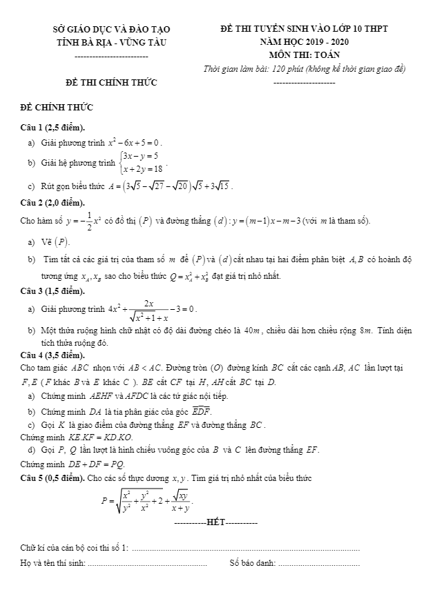 Đề Toán tuyển sinh năm 2019 2020 trường chuyên Lê Quý Đôn BRVT (Vòng 1)