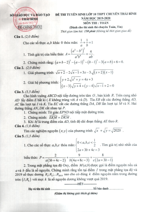 Đề Toán tuyển sinh năm 2019 2020 trường chuyên Thái Bình (Vòng 2)