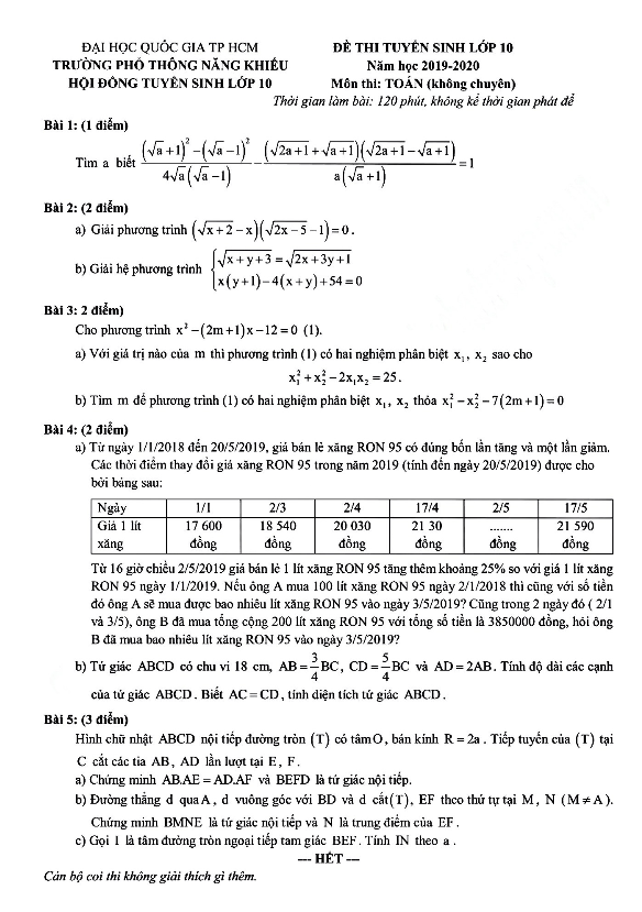 Đề Toán tuyển sinh năm 2019 2020 trường Phổ thông Năng khiếu TP HCM