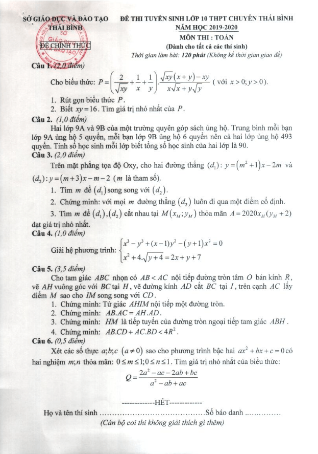Đề Toán tuyển sinh năm 2019 – 2020 trường chuyên Thái Bình (Vòng 1)