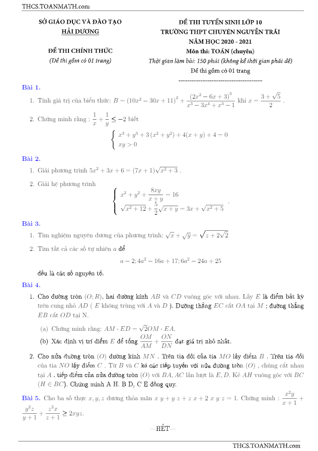 Đề Toán tuyển sinh năm 2020 2021 trường chuyên Nguyễn Trãi Hải Dương