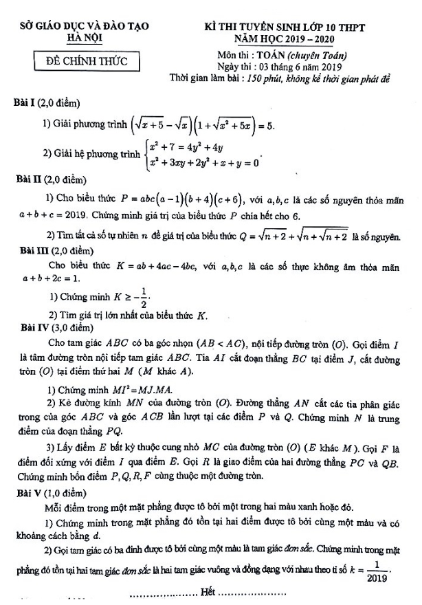 Đề Toán tuyển sinh năm học 2019 – 2020 sở GD ĐT Hà Nội (chuyên Toán)