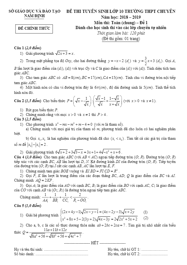 Đề Toán tuyển sinh THPT chuyên 2018 2019 sở GD và ĐT Nam Định (đề chung)