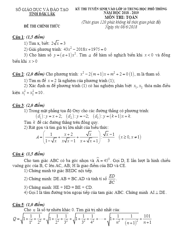 Đề Toán tuyển sinh THPT năm 2018 2019 sở GD và ĐT Đắk Lắk