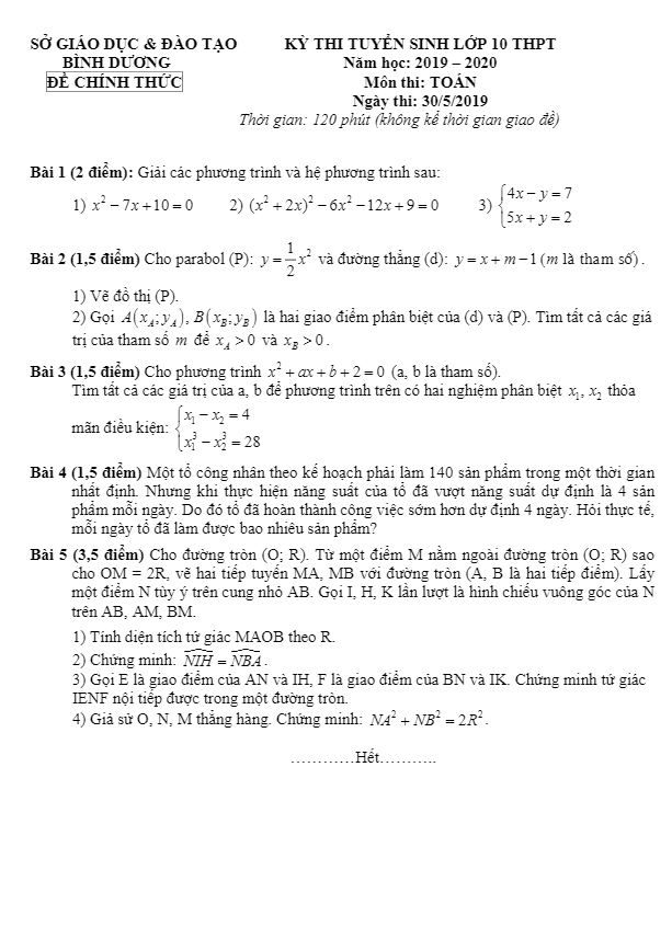 Đề Toán tuyển sinh THPT năm 2019 2020 sở GD ĐT Bình Dương