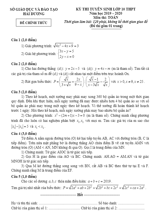 Đề Toán tuyển sinh THPT năm 2019 2020 sở GD ĐT Hải Dương