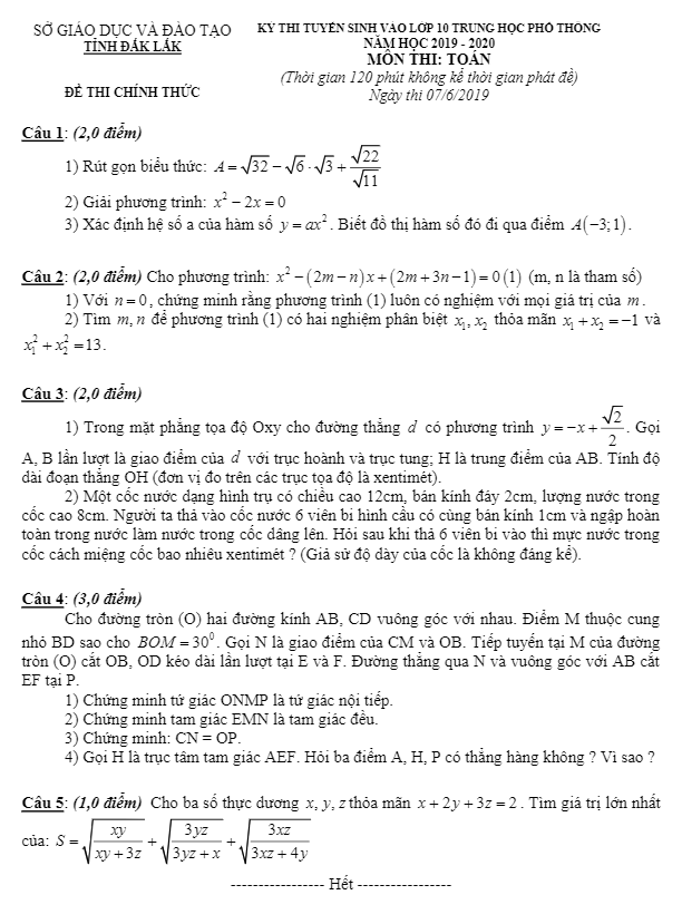Đề Toán tuyển sinh THPT năm 2019 2020 sở GD và ĐT Đắk Lắk