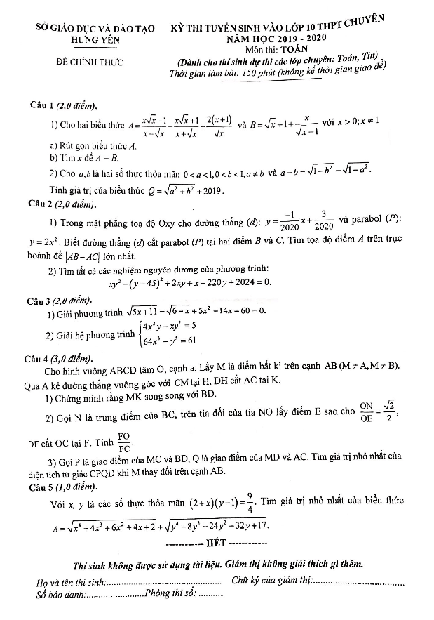 Đề Toán tuyển sinh vào 10 chuyên năm 2019 2020 sở GD ĐT Hưng Yên