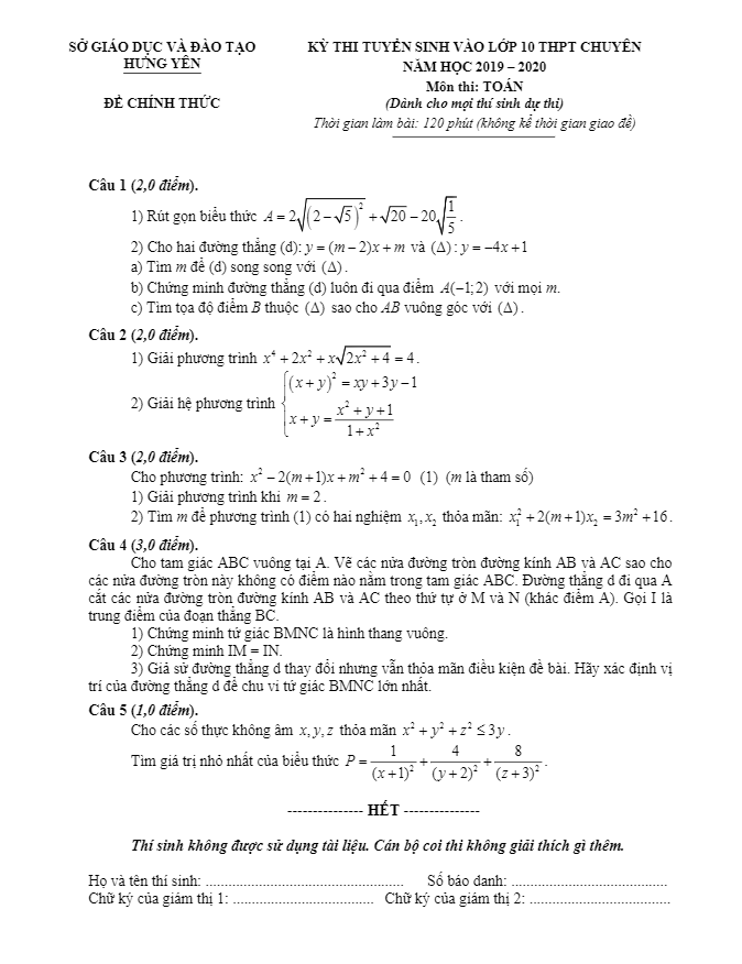 Đề Toán tuyển sinh vào 10 chuyên năm 2019 2020 sở GD ĐT Hưng Yên (Đề chung)