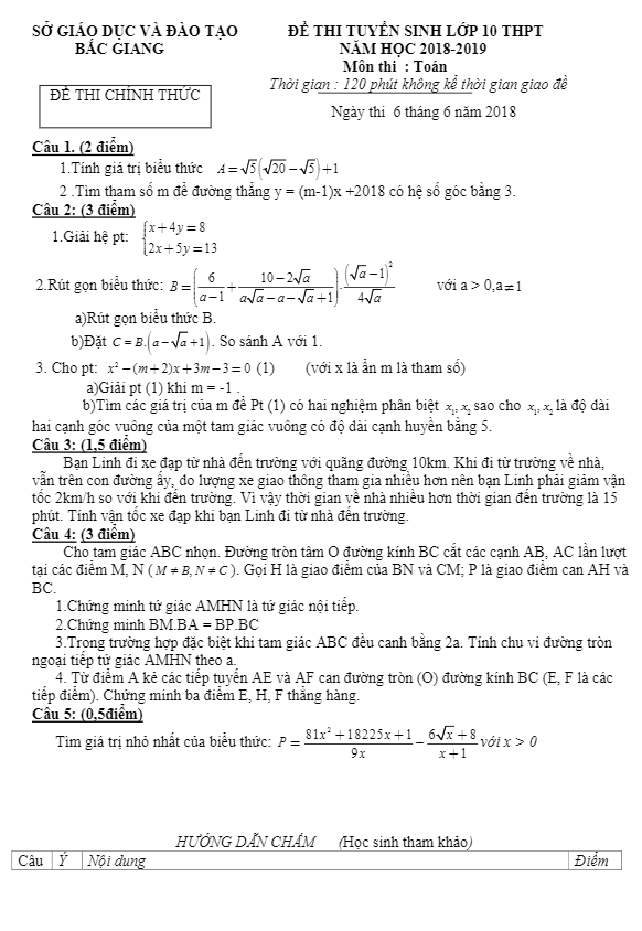 Đề Toán tuyển sinh vào THPT 2018 2019 sở GD và ĐT Bắc Giang