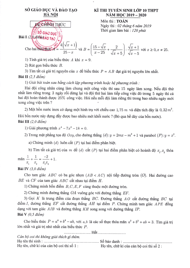 Đề Toán tuyển sinh vào THPT năm học 2019 2020 sở GD ĐT Hà Nội