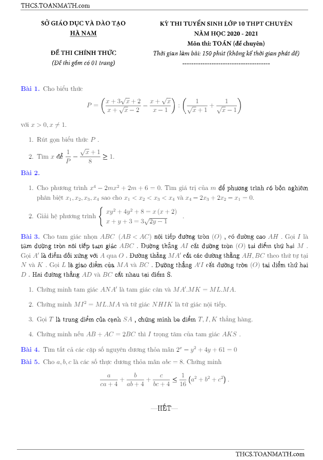 Đề tuyển sinh 10 chuyên môn Toán năm 2020 2021 sở GD ĐT Hà Nam (chuyên)