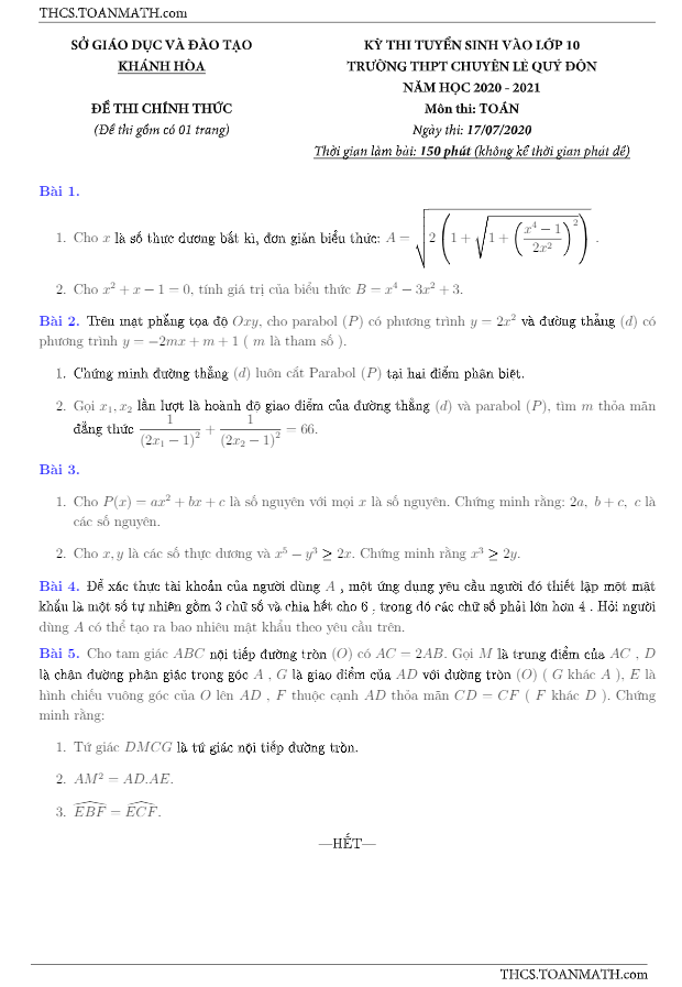 Đề tuyển sinh 10 môn Toán năm 2020 2021 trường chuyên Lê Quý Đôn Khánh Hòa