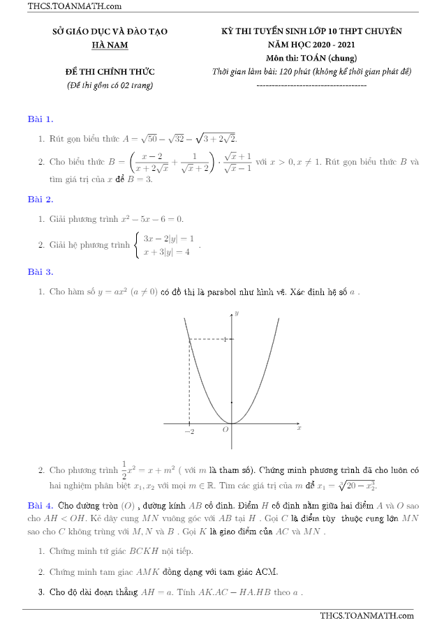 Đề tuyển sinh chuyên môn Toán (chung) năm 2020 2021 sở GD ĐT Hà Nam