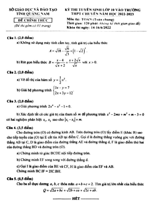 Đề tuyển sinh chuyên môn Toán (chung) năm 2022 2023 sở GD ĐT Quảng Nam