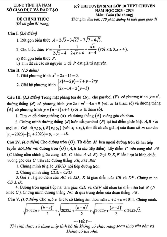 Đề tuyển sinh chuyên môn Toán (chung) năm 2023 2024 sở GD ĐT Hà Nam