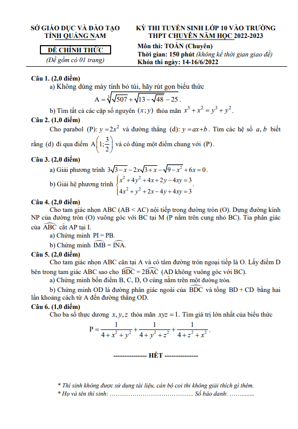 Đề tuyển sinh chuyên môn Toán (chuyên) 2022 2023 sở GD ĐT Quảng Nam