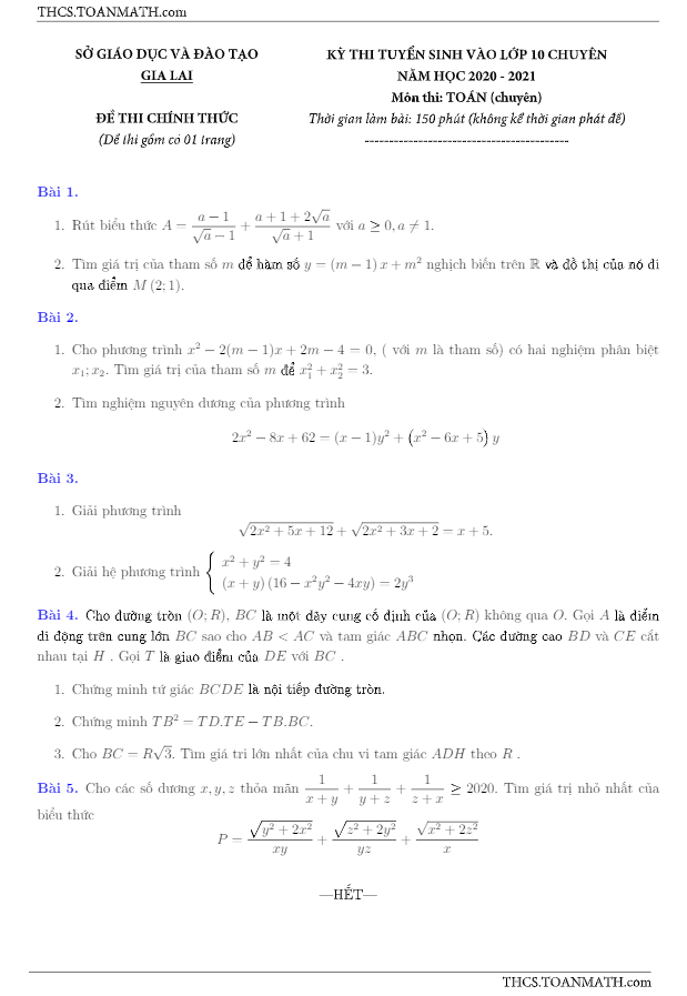 Đề tuyển sinh chuyên môn Toán (chuyên) năm 2020 – 2021 sở GD ĐT Gia Lai