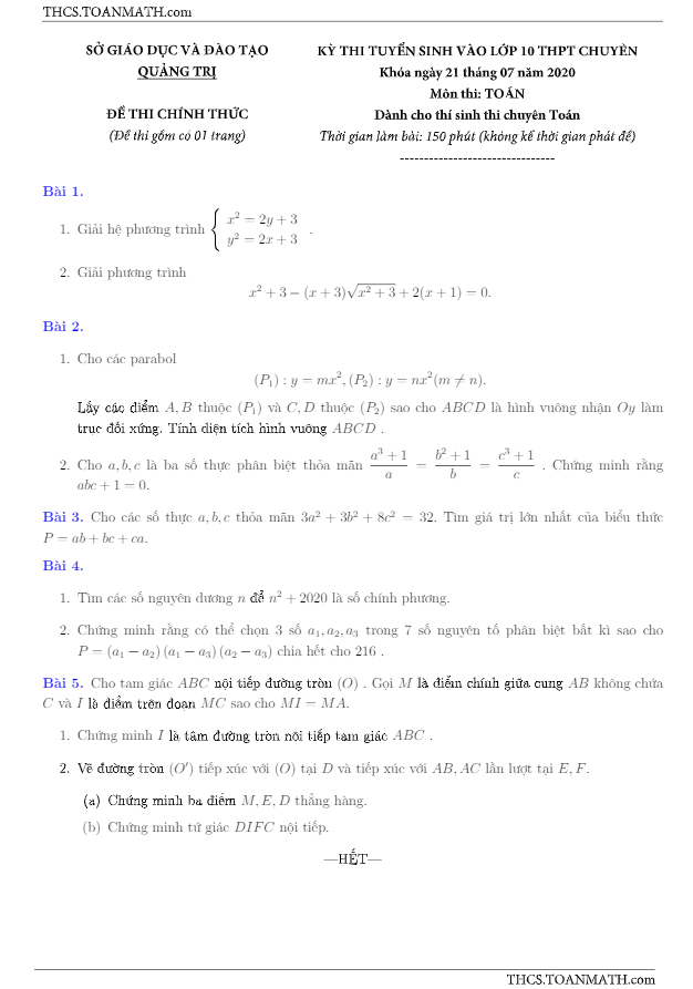Đề tuyển sinh chuyên môn Toán (chuyên) năm 2020 – 2021 sở GD ĐT Quảng Trị