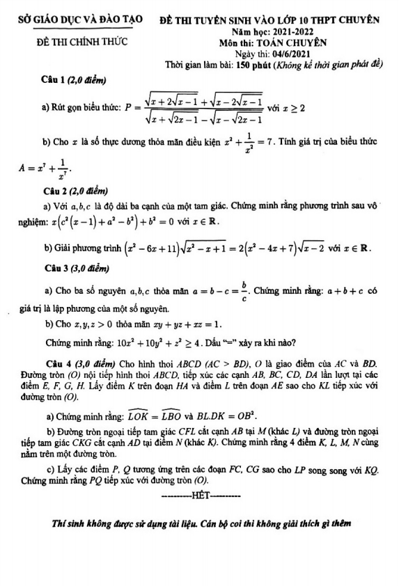 Đề tuyển sinh chuyên môn Toán (chuyên) năm 2021 2022 sở GD ĐT Bình Dương
