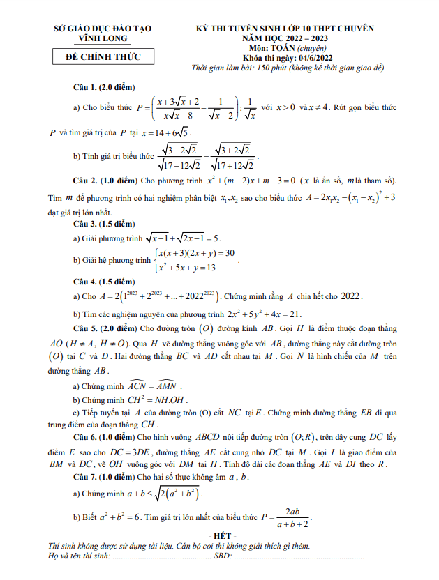 Đề tuyển sinh chuyên môn Toán (chuyên) năm 2022 2023 sở GD ĐT Vĩnh Long