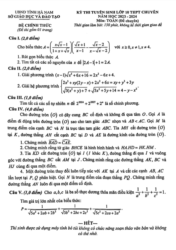 Đề tuyển sinh chuyên môn Toán (chuyên) năm 2023 2024 sở GD ĐT Hà Nam