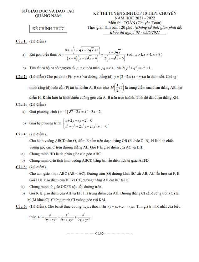 Đề tuyển sinh chuyên môn Toán (chuyên Toán) năm 2021 2022 sở GD ĐT Quảng Nam
