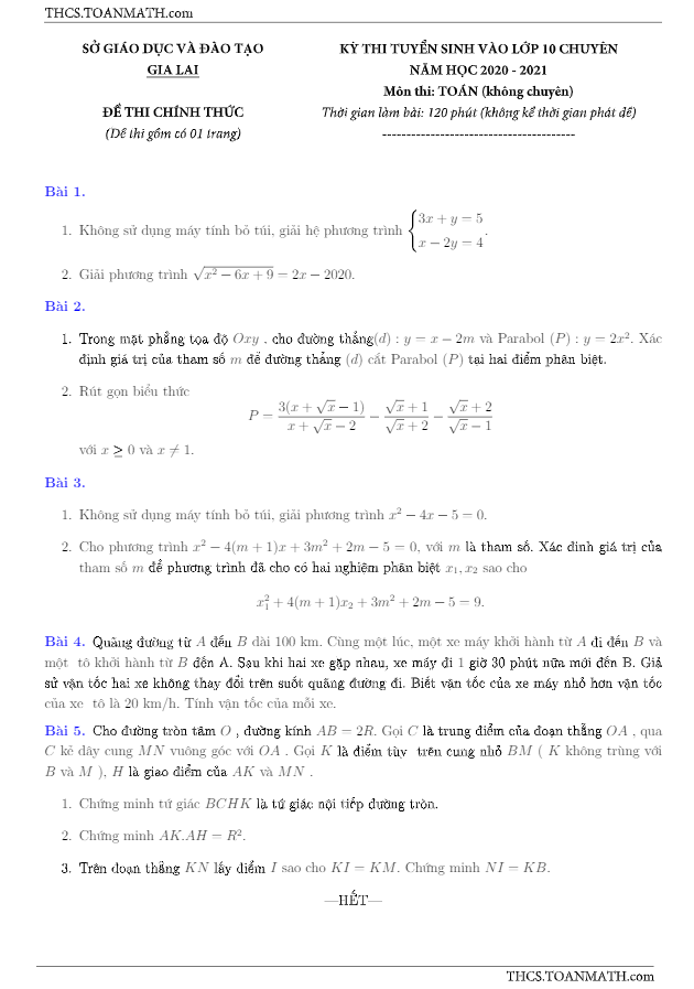 Đề tuyển sinh chuyên môn Toán (không chuyên) năm 2020 2021 sở GD ĐT Gia Lai