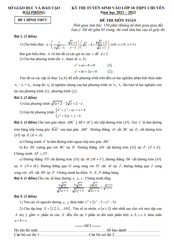 Đề tuyển sinh chuyên môn Toán năm 2021 2022 sở GD ĐT Hải Phòng