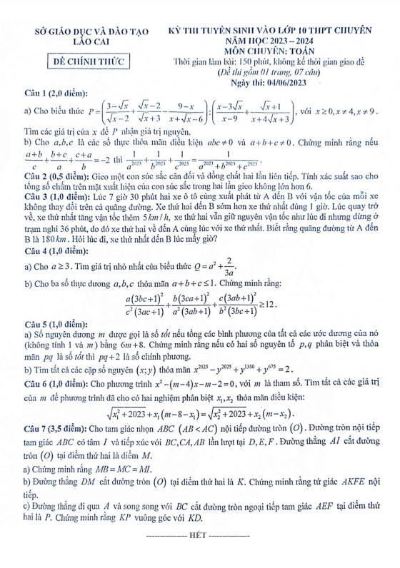 Đề tuyển sinh chuyên môn Toán năm 2023 2024 sở GD ĐT Lào Cai