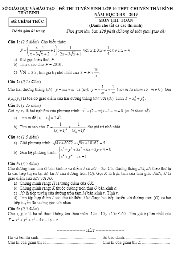 Đề tuyển sinh chuyên năm 2018 2019 môn Toán sở GD và ĐT Thái Bình (đề chung)