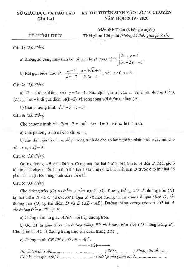 Đề tuyển sinh chuyên năm 2019 2020 môn Toán sở GD ĐT Gia Lai