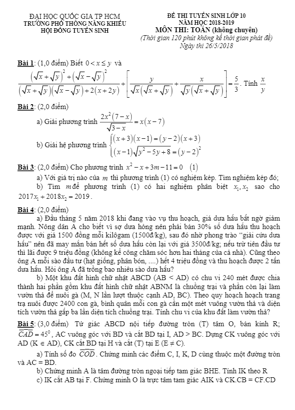 Đề tuyển sinh lớp 10 môn Toán 2019 trường PTNK TP. HCM (không chuyên)