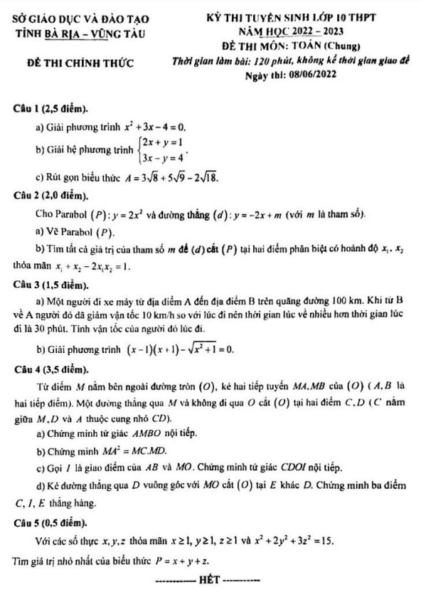 Đề tuyển sinh môn Toán (chung) năm 2022 2023 sở GD ĐT Bà Rịa Vũng Tàu