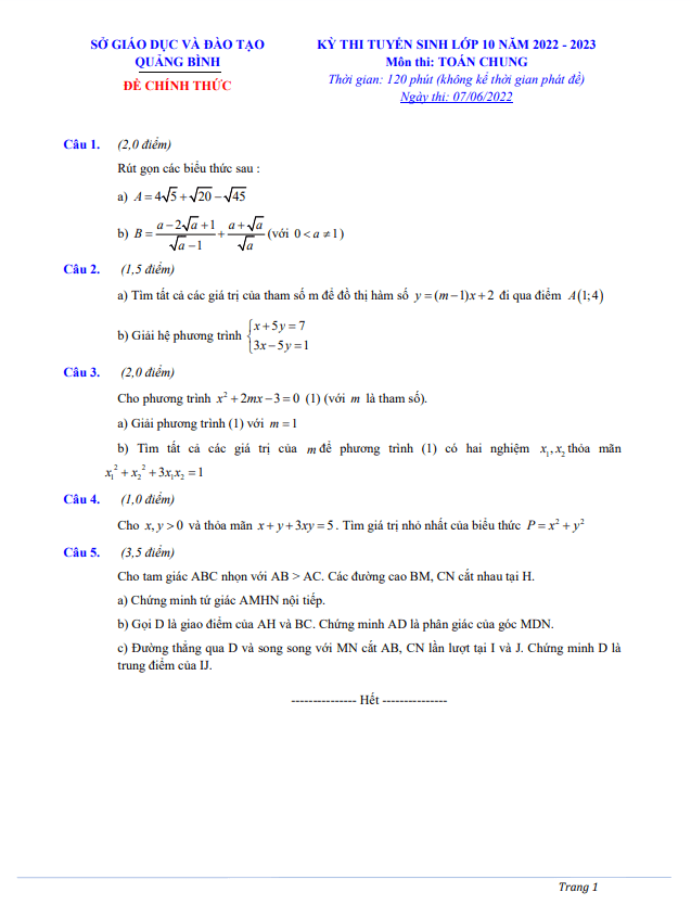 Đề tuyển sinh môn Toán (chung) năm 2022 2023 sở GD ĐT Quảng Bình