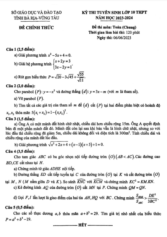 Đề tuyển sinh môn Toán (chung) năm 2023 2024 sở GD ĐT Bà Rịa Vũng Tàu