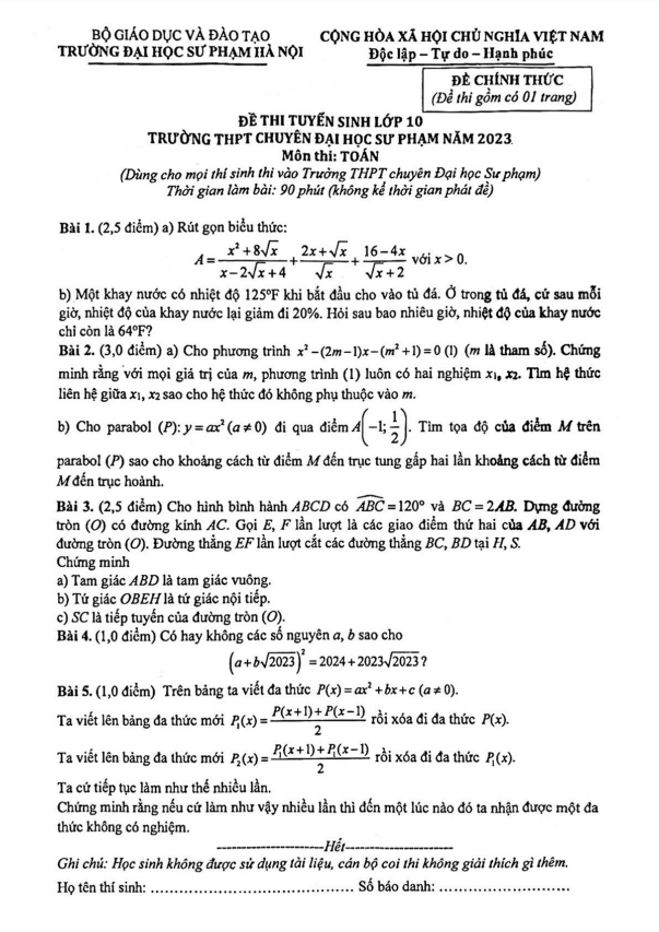 Đề tuyển sinh môn Toán (chung) năm 2023 trường THPT chuyên ĐHSP Hà Nội