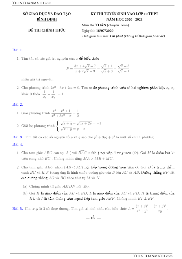 Đề tuyển sinh môn Toán (chuyên) năm 2020 2021 sở GD ĐT Bình Định