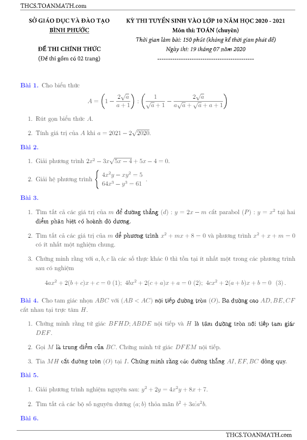 Đề tuyển sinh môn Toán (chuyên) năm 2020 2021 sở GD ĐT Bình Phước