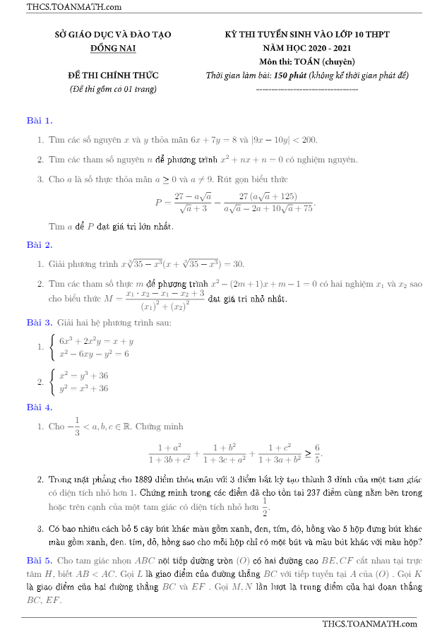 Đề tuyển sinh môn Toán (chuyên) năm 2020 2021 sở GD ĐT Đồng Nai